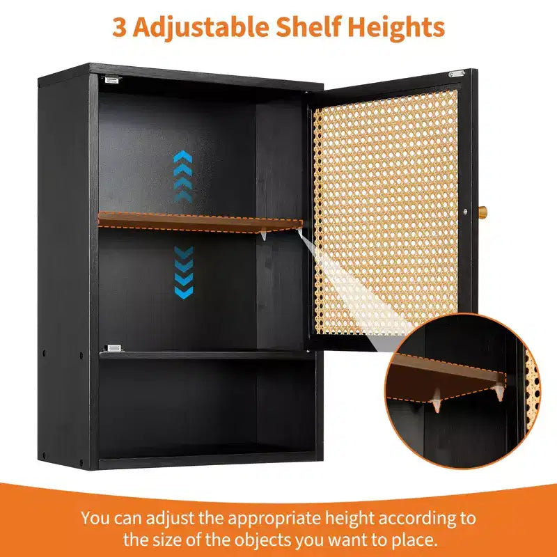 Wall Mounted Bamboo Bathroom Cabinet with Rattan Doors, Adjustable Shelf Medicine Cabinet and Space-Saving Organizer, Natural Wood/Black/White