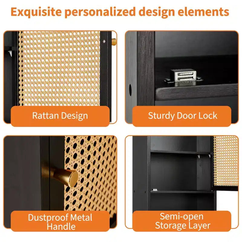 Wall Mounted Bamboo Bathroom Cabinet with Rattan Doors, Adjustable Shelf Medicine Cabinet and Space-Saving Organizer, Natural Wood/Black/White