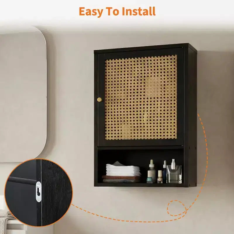 Wall Mounted Bamboo Bathroom Cabinet with Rattan Doors, Adjustable Shelf Medicine Cabinet and Space-Saving Organizer, Natural Wood/Black/White
