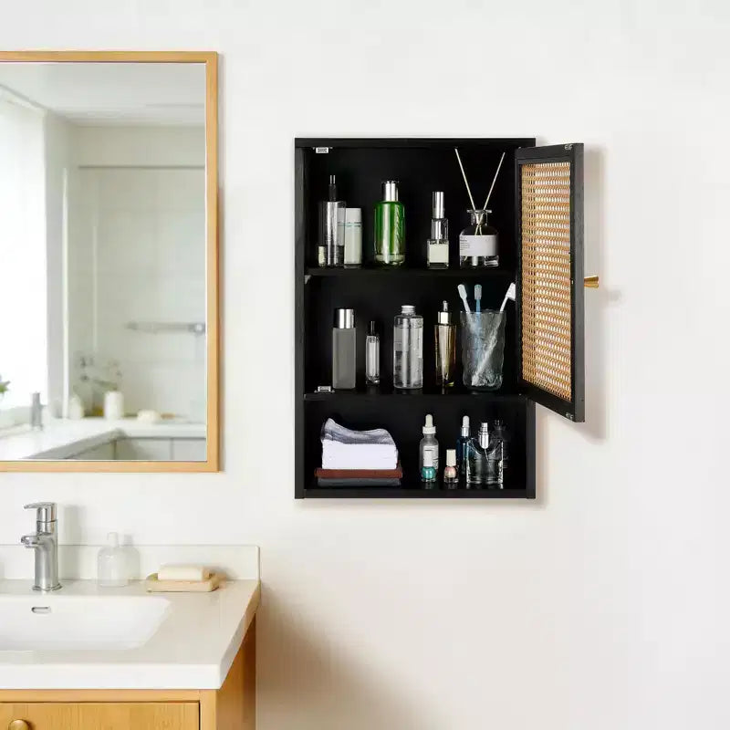 Wall Mounted Bamboo Bathroom Cabinet with Rattan Doors, Adjustable Shelf Medicine Cabinet and Space-Saving Organizer, Natural Wood/Black/White
