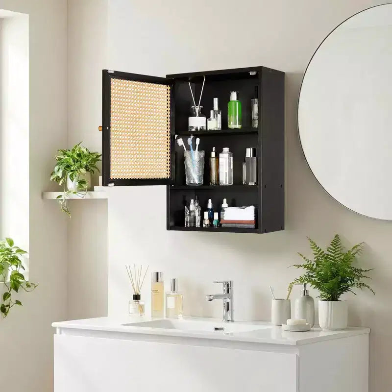 Wall Mounted Bamboo Bathroom Cabinet with Rattan Doors, Adjustable Shelf Medicine Cabinet and Space-Saving Organizer, Natural Wood/Black/White