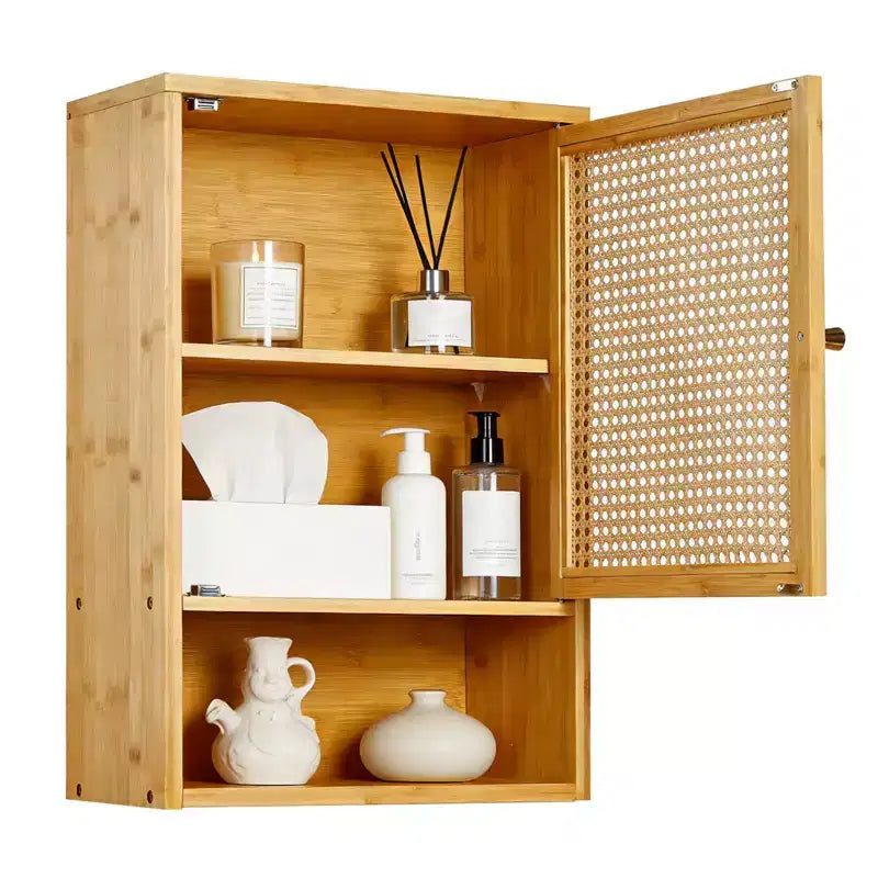 Wall Mounted Bamboo Bathroom Cabinet with Rattan Doors, Adjustable Shelf Medicine Cabinet and Space-Saving Organizer, Natural Wood/Black/White