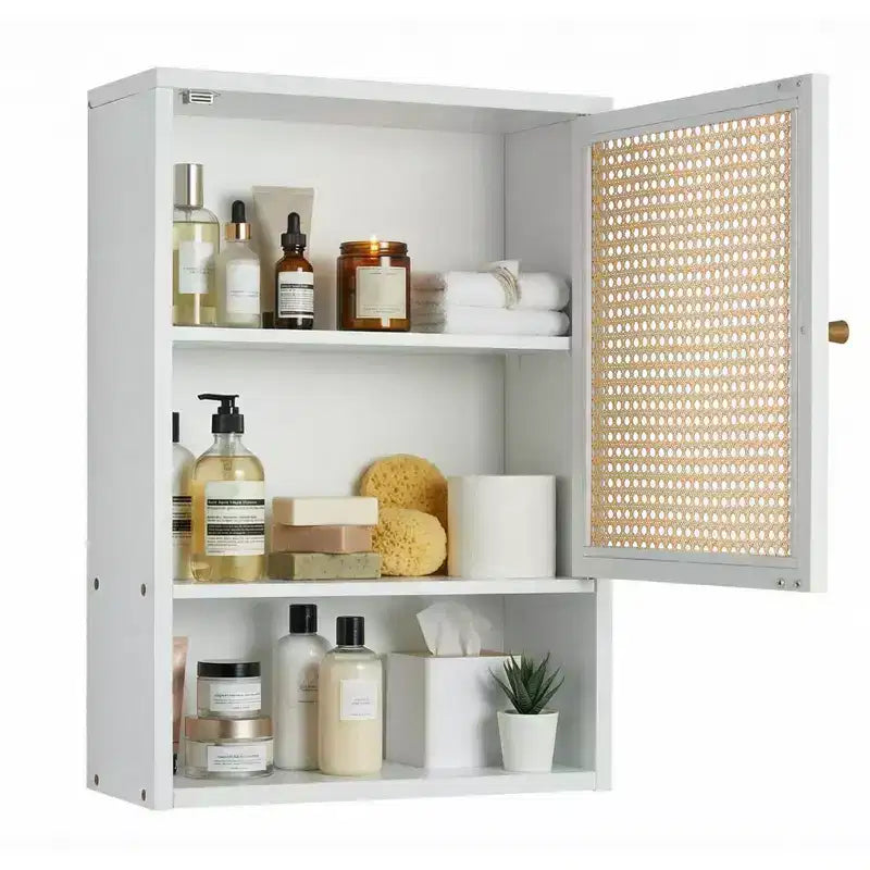 Wall Mounted Bamboo Bathroom Cabinet with Rattan Doors, Adjustable Shelf Medicine Cabinet and Space-Saving Organizer, Natural Wood/Black/White