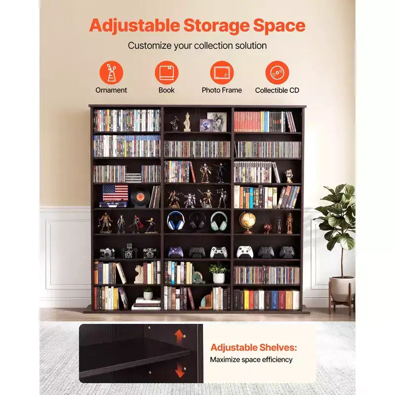 8-Tier DVD & Media Storage Cabinet — 55.91"x51.18" Multimedia Shelf for CDs, DVDs, Books & Games, Brown