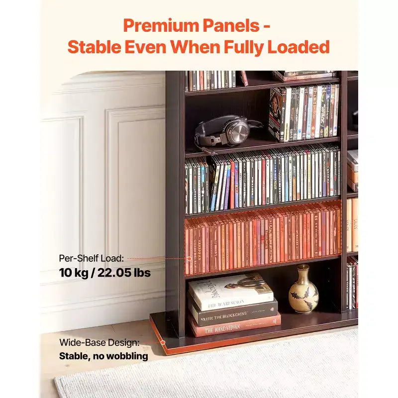 8-Tier DVD & Media Storage Cabinet — 55.91"x51.18" Multimedia Shelf for CDs, DVDs, Books & Games, Brown