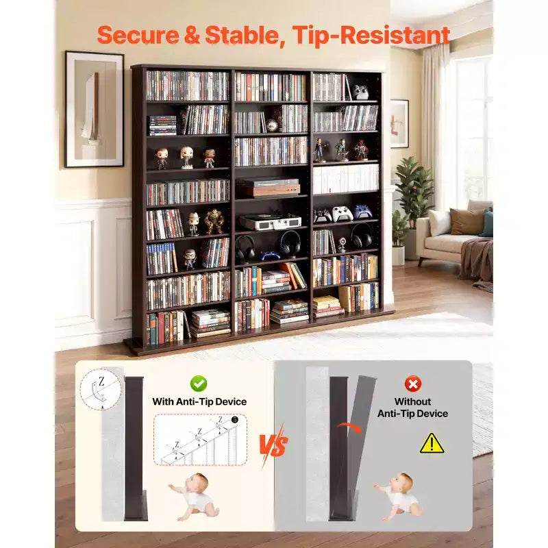 8-Tier DVD & Media Storage Cabinet — 55.91"x51.18" Multimedia Shelf for CDs, DVDs, Books & Games, Brown