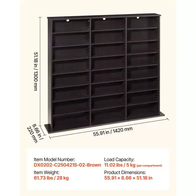 8-Tier DVD & Media Storage Cabinet — 55.91"x51.18" Multimedia Shelf for CDs, DVDs, Books & Games, Brown