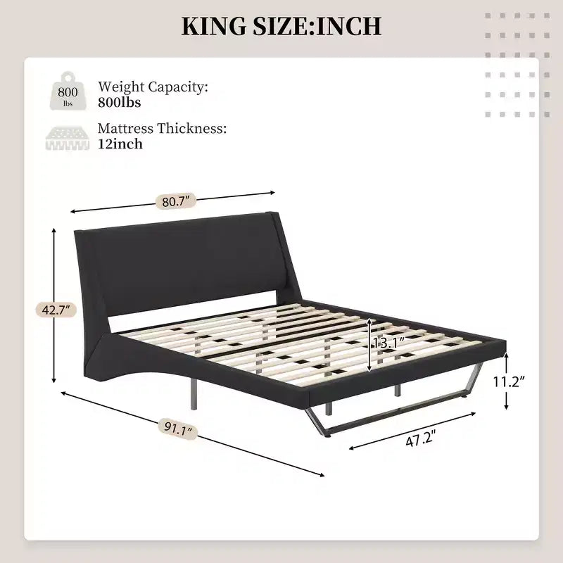 King Size Modern Platform Bed Frame — Upholstered PU Leather with Curved Design & Trapezoidal Legs