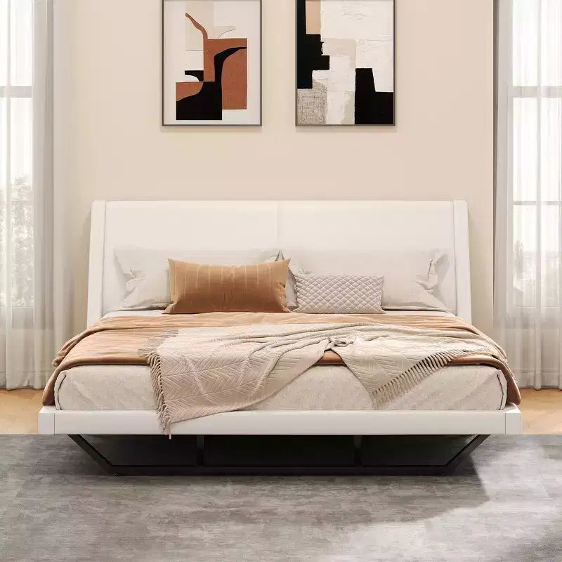 King Size Modern Platform Bed Frame — Upholstered PU Leather with Curved Design & Trapezoidal Legs