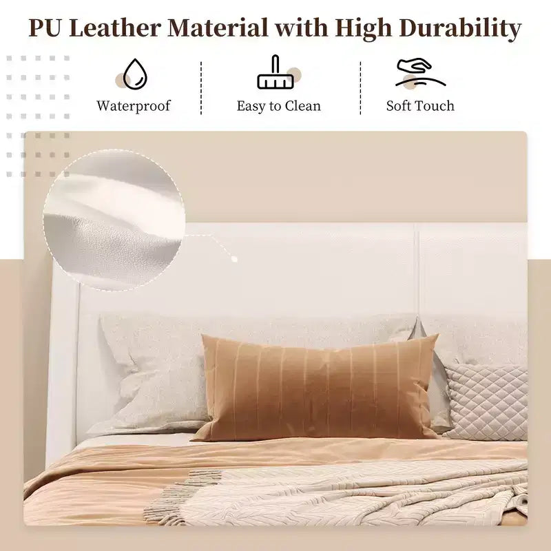King Size Modern Platform Bed Frame — Upholstered PU Leather with Curved Design & Trapezoidal Legs
