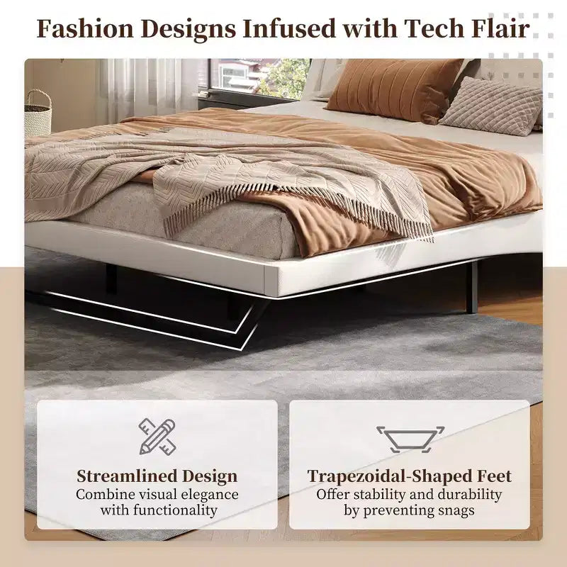 King Size Modern Platform Bed Frame — Upholstered PU Leather with Curved Design & Trapezoidal Legs