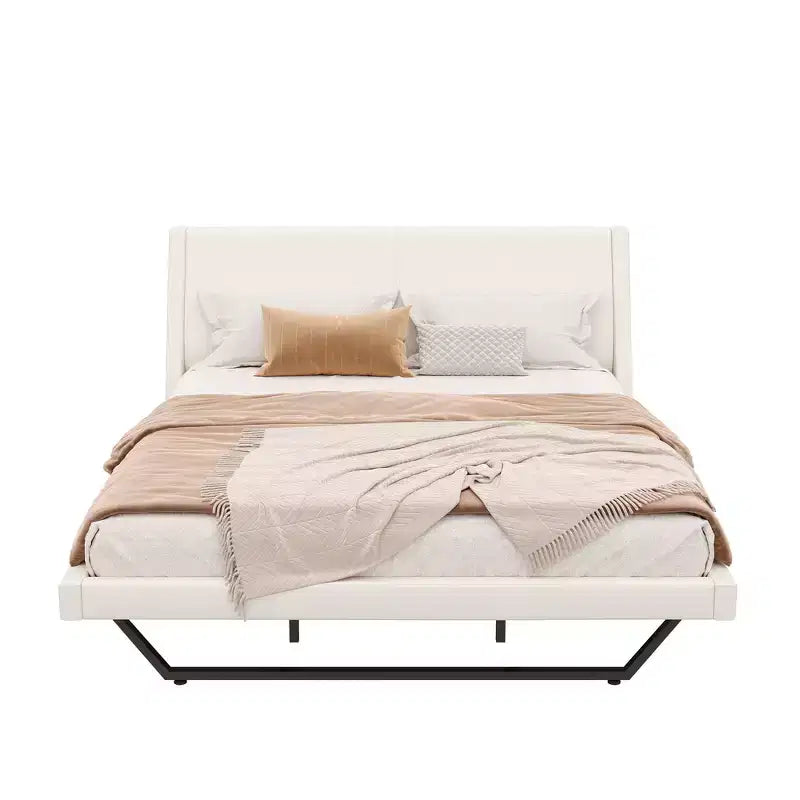 King Size Modern Platform Bed Frame — Upholstered PU Leather with Curved Design & Trapezoidal Legs