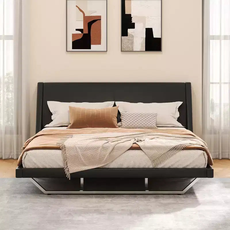 King Size Modern Platform Bed Frame — Upholstered PU Leather with Curved Design & Trapezoidal Legs