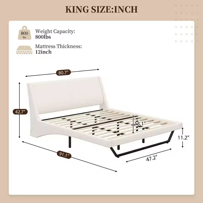 King Size Modern Platform Bed Frame — Upholstered PU Leather with Curved Design & Trapezoidal Legs