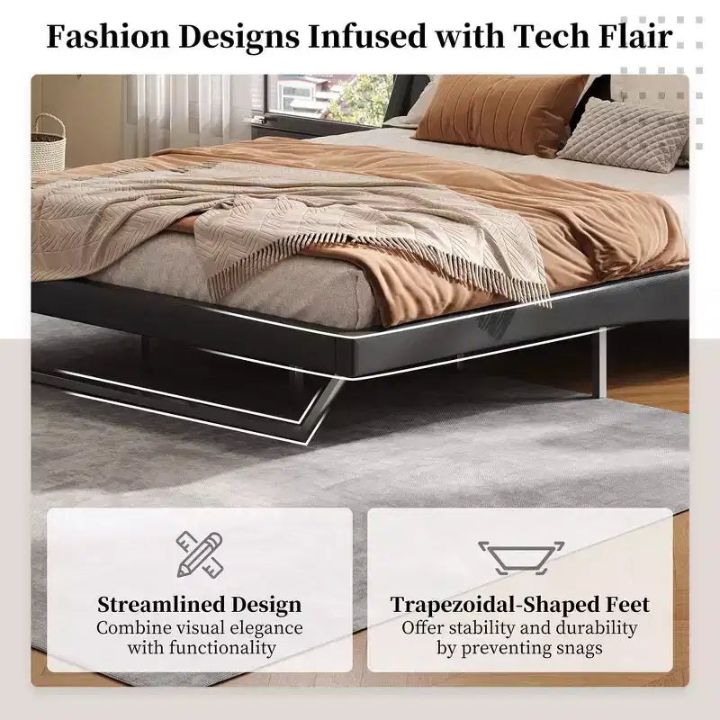 King Size Modern Platform Bed Frame — Upholstered PU Leather with Curved Design & Trapezoidal Legs