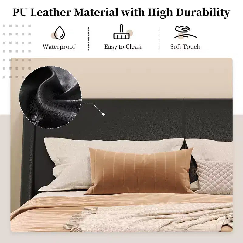 King Size Modern Platform Bed Frame — Upholstered PU Leather with Curved Design & Trapezoidal Legs