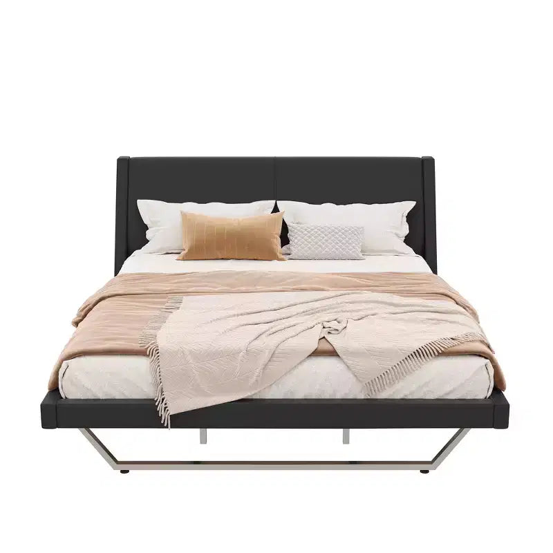 King Size Modern Platform Bed Frame — Upholstered PU Leather with Curved Design & Trapezoidal Legs