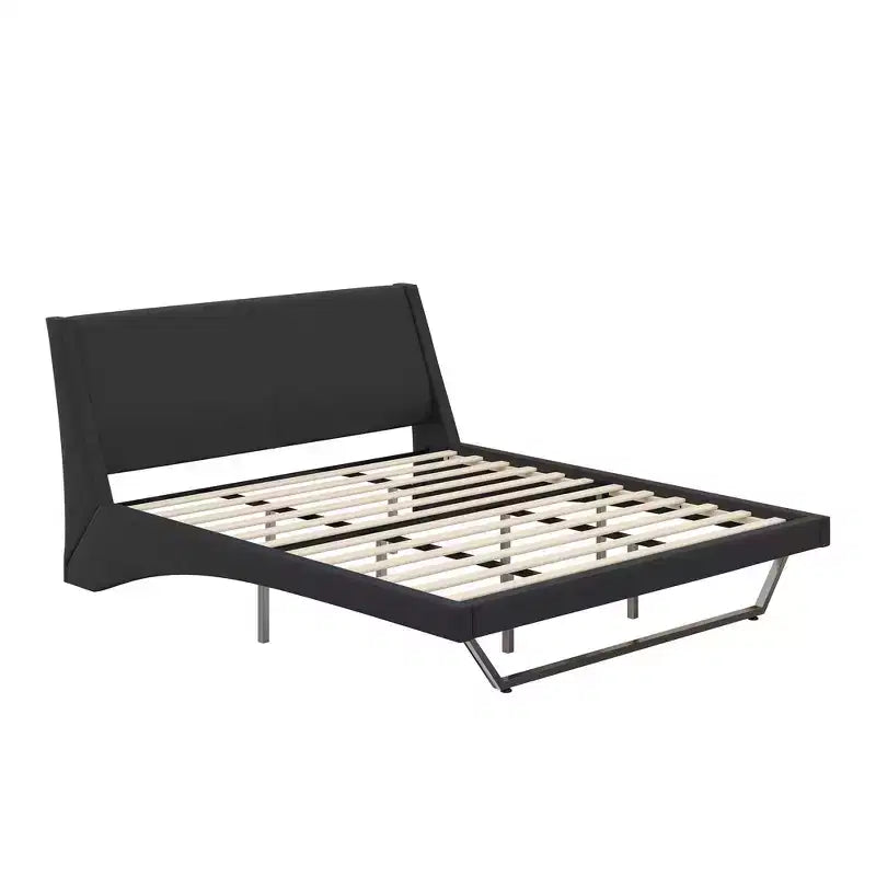 King Size Modern Platform Bed Frame — Upholstered PU Leather with Curved Design & Trapezoidal Legs