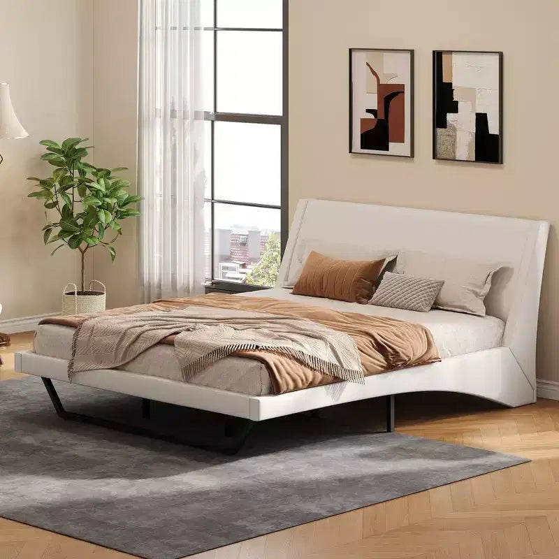 King Size Modern Platform Bed Frame — Upholstered PU Leather with Curved Design & Trapezoidal Legs