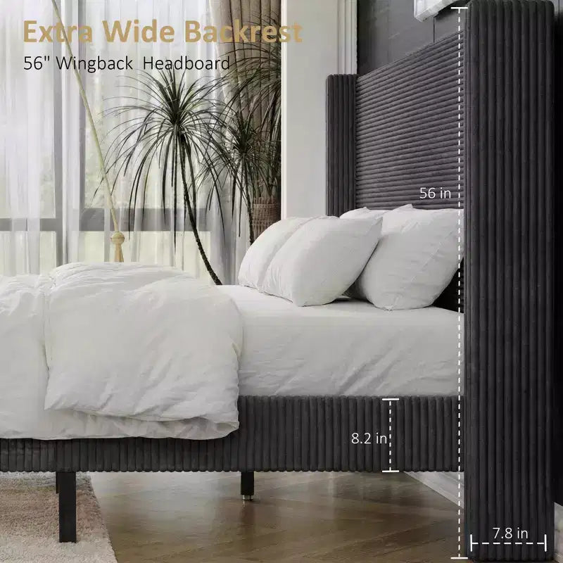 Queen Platform Bed with 56" Tall Corduroy Wingback Headboard — No Box Spring Needed