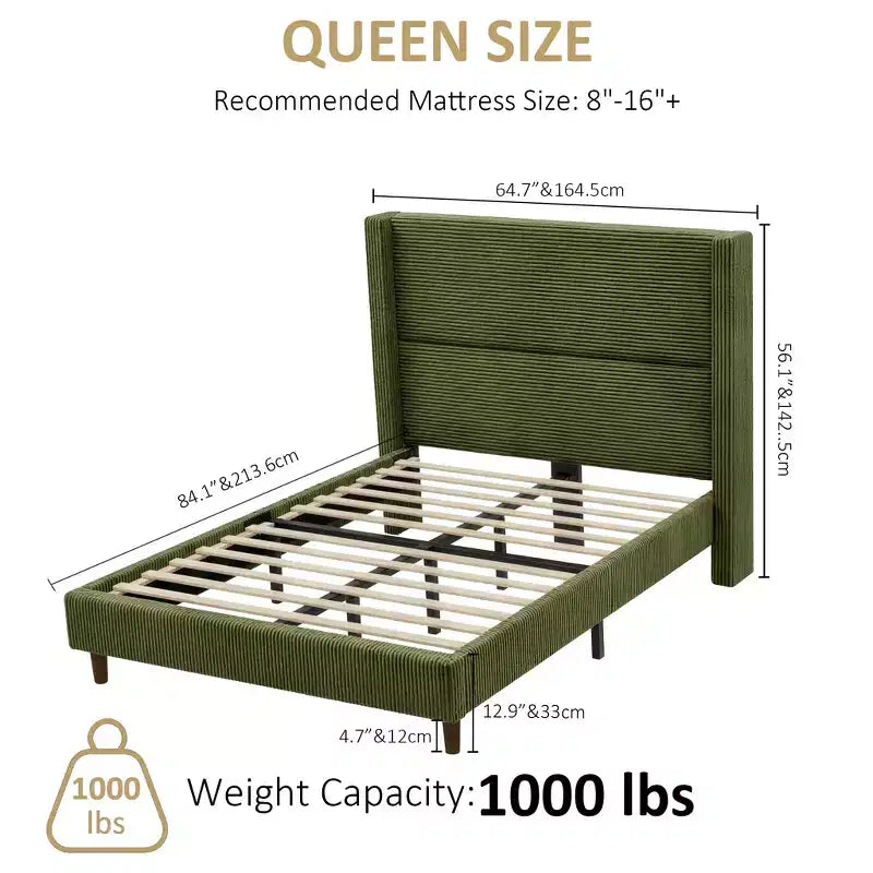 Queen Platform Bed with 56" Tall Corduroy Wingback Headboard — No Box Spring Needed