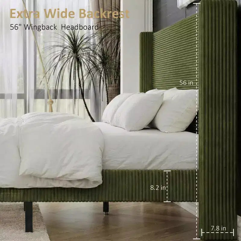 Queen Platform Bed with 56" Tall Corduroy Wingback Headboard — No Box Spring Needed