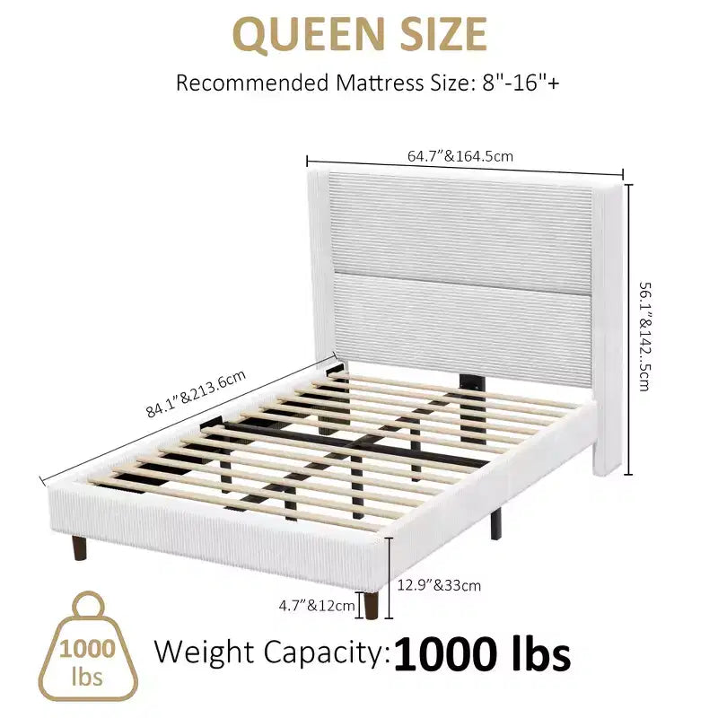 Queen Platform Bed with 56" Tall Corduroy Wingback Headboard — No Box Spring Needed