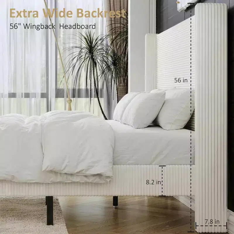 Queen Platform Bed with 56" Tall Corduroy Wingback Headboard — No Box Spring Needed