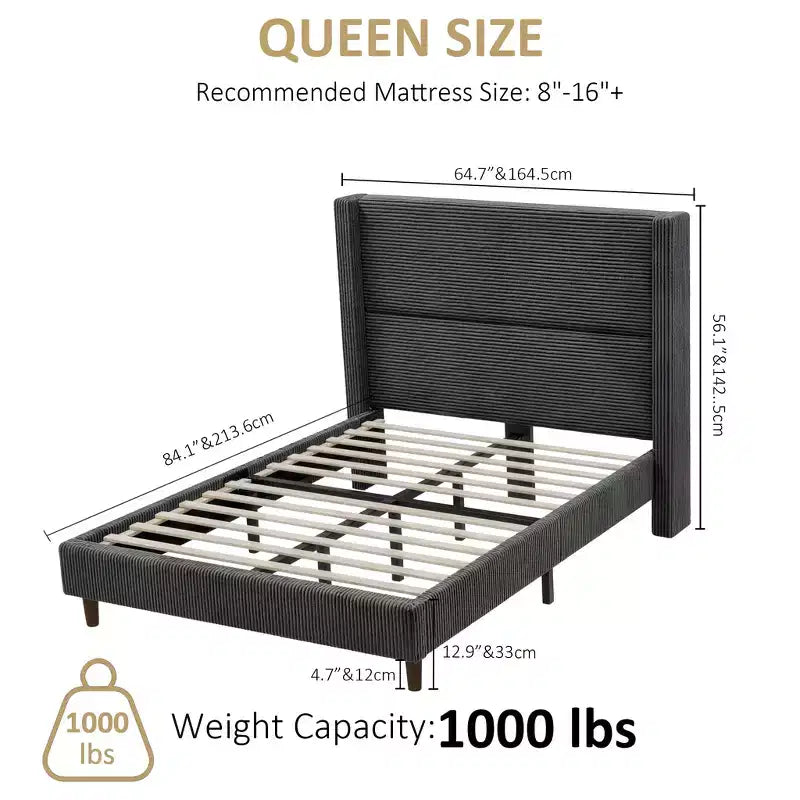 Queen Platform Bed with 56" Tall Corduroy Wingback Headboard — No Box Spring Needed
