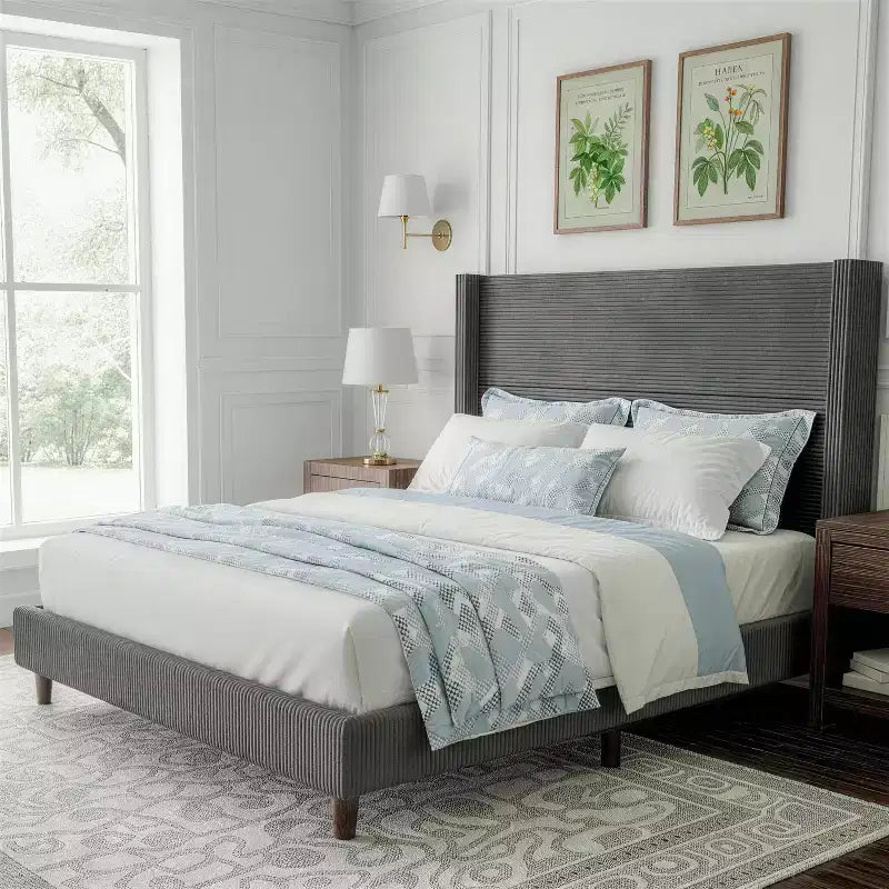 Queen Platform Bed with 56" Tall Corduroy Wingback Headboard — No Box Spring Needed