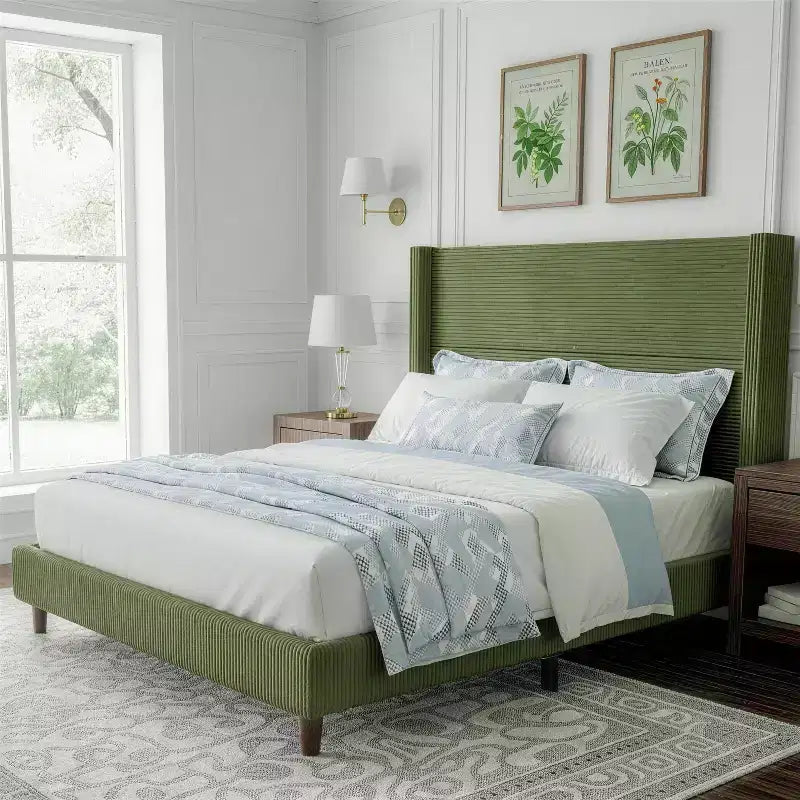 Queen Platform Bed with 56" Tall Corduroy Wingback Headboard — No Box Spring Needed
