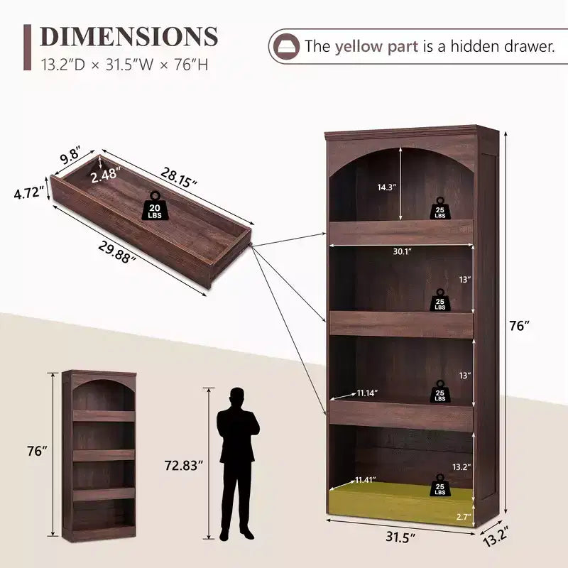 76 Arched Bookcase with Magnetic-Lock Bottom Drawer, Modern 4-Tier Wooden BookShelf with 3 Hidden Drawers for Home Office, Living Room