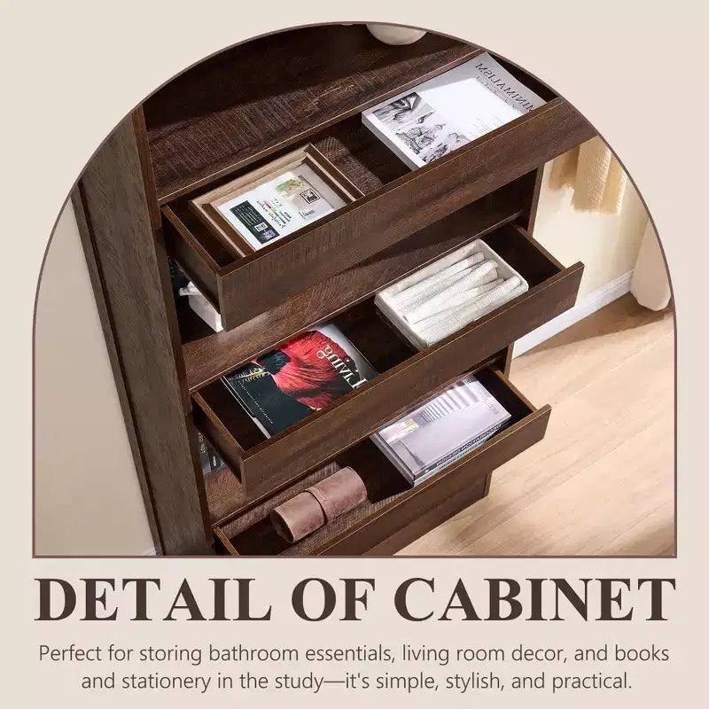 76 Arched Bookcase with Magnetic-Lock Bottom Drawer, Modern 4-Tier Wooden BookShelf with 3 Hidden Drawers for Home Office, Living Room