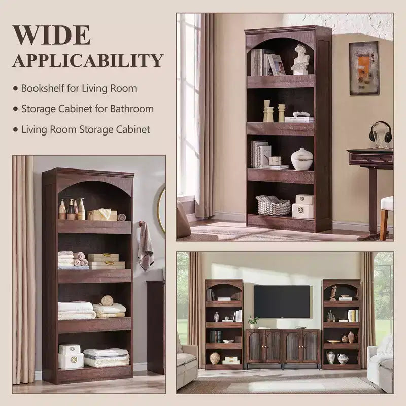 76 Arched Bookcase with Magnetic-Lock Bottom Drawer, Modern 4-Tier Wooden BookShelf with 3 Hidden Drawers for Home Office, Living Room