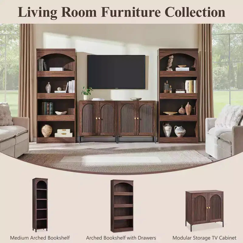 76 Arched Bookcase with Magnetic-Lock Bottom Drawer, Modern 4-Tier Wooden BookShelf with 3 Hidden Drawers for Home Office, Living Room