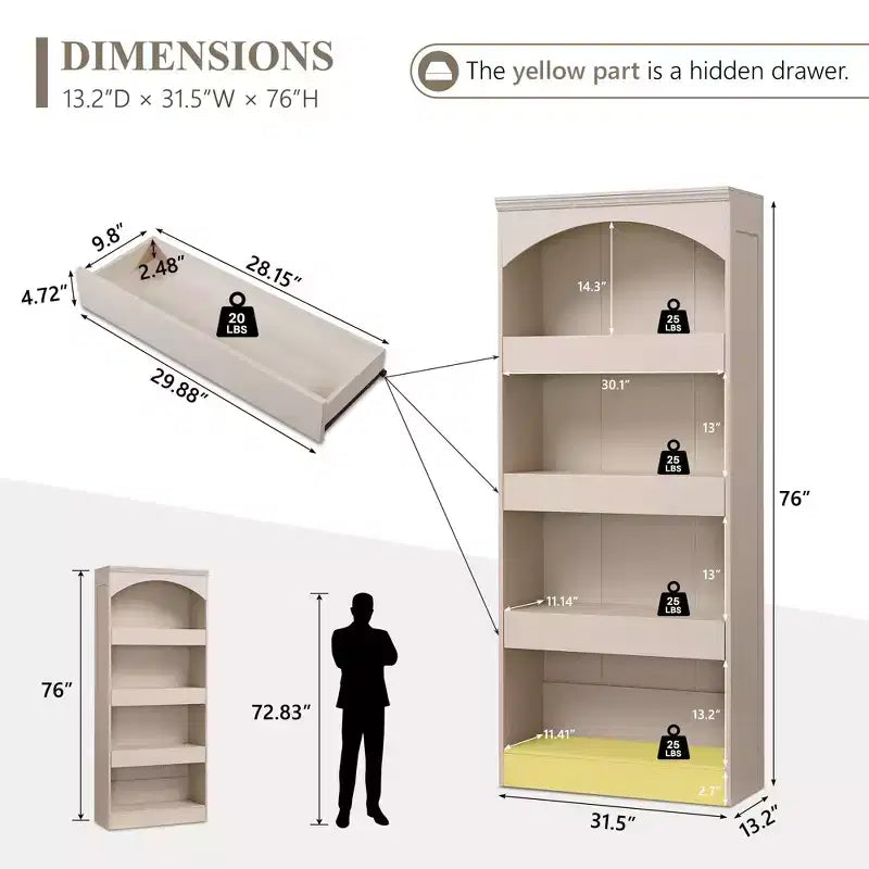76 Arched Bookcase with Magnetic-Lock Bottom Drawer, Modern 4-Tier Wooden BookShelf with 3 Hidden Drawers for Home Office, Living Room