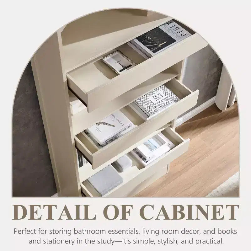 76 Arched Bookcase with Magnetic-Lock Bottom Drawer, Modern 4-Tier Wooden BookShelf with 3 Hidden Drawers for Home Office, Living Room