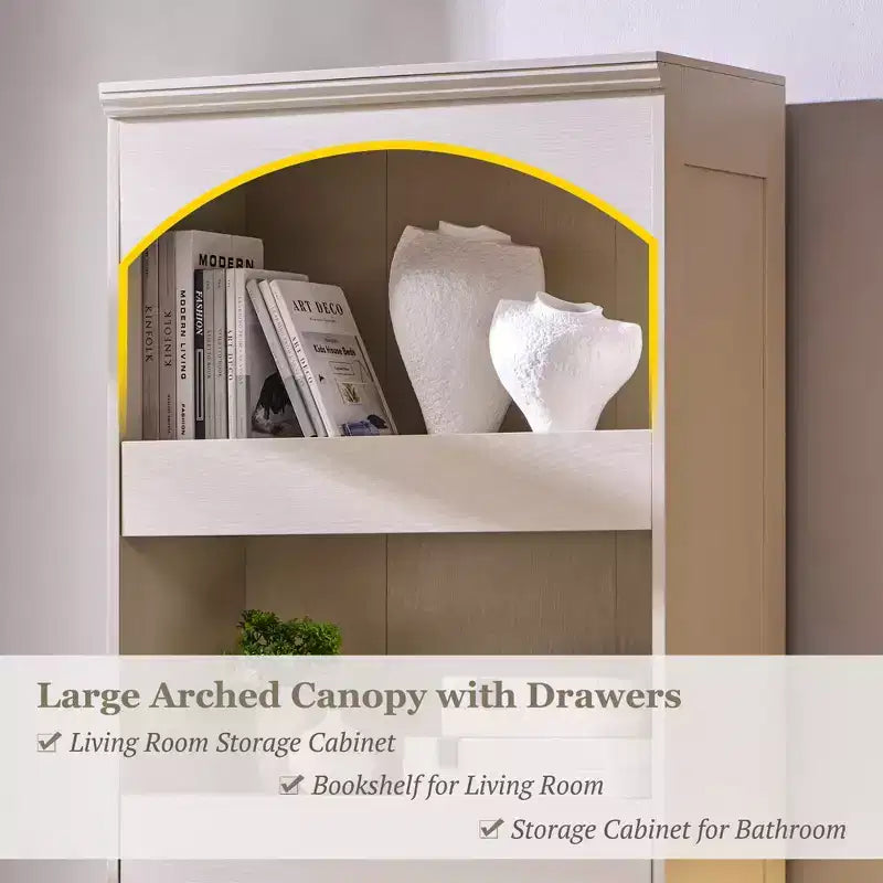76 Arched Bookcase with Magnetic-Lock Bottom Drawer, Modern 4-Tier Wooden BookShelf with 3 Hidden Drawers for Home Office, Living Room