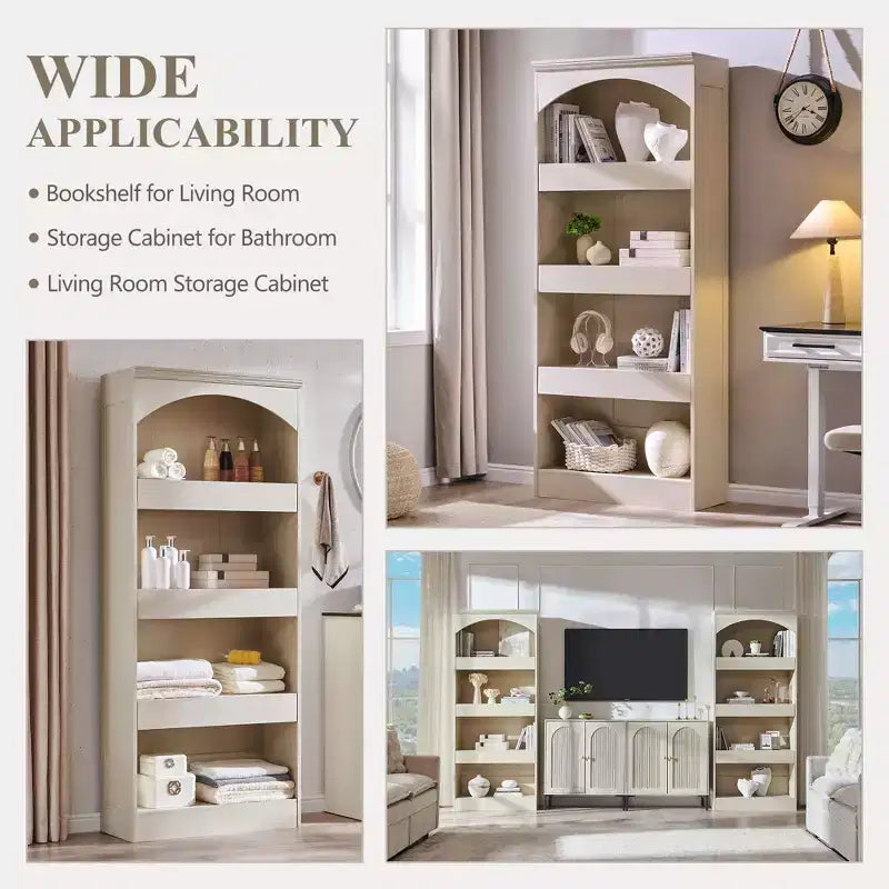 76 Arched Bookcase with Magnetic-Lock Bottom Drawer, Modern 4-Tier Wooden BookShelf with 3 Hidden Drawers for Home Office, Living Room