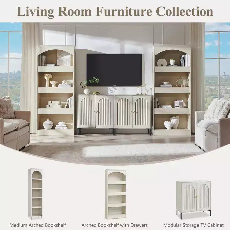 76 Arched Bookcase with Magnetic-Lock Bottom Drawer, Modern 4-Tier Wooden BookShelf with 3 Hidden Drawers for Home Office, Living Room