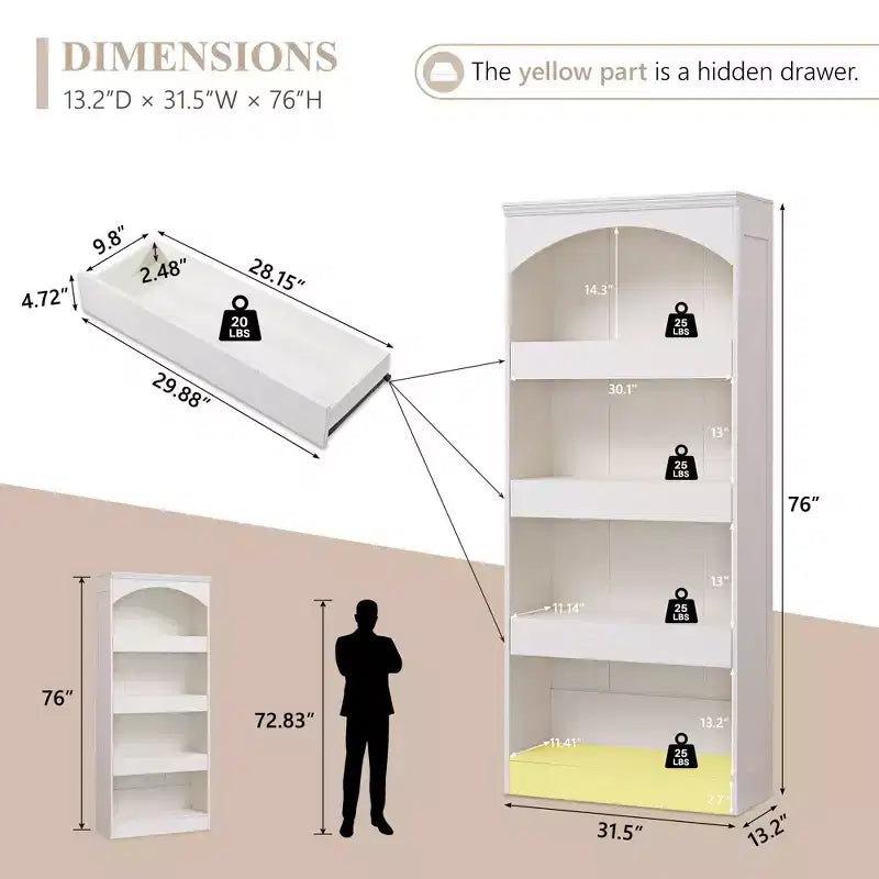 76 Arched Bookcase with Magnetic-Lock Bottom Drawer, Modern 4-Tier Wooden BookShelf with 3 Hidden Drawers for Home Office, Living Room