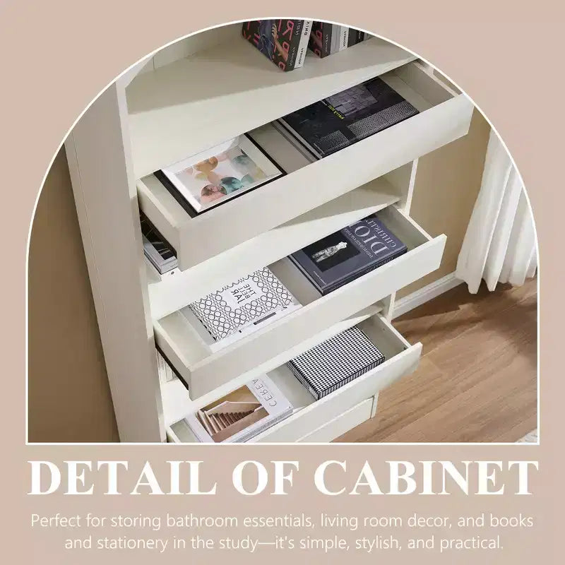 76 Arched Bookcase with Magnetic-Lock Bottom Drawer, Modern 4-Tier Wooden BookShelf with 3 Hidden Drawers for Home Office, Living Room