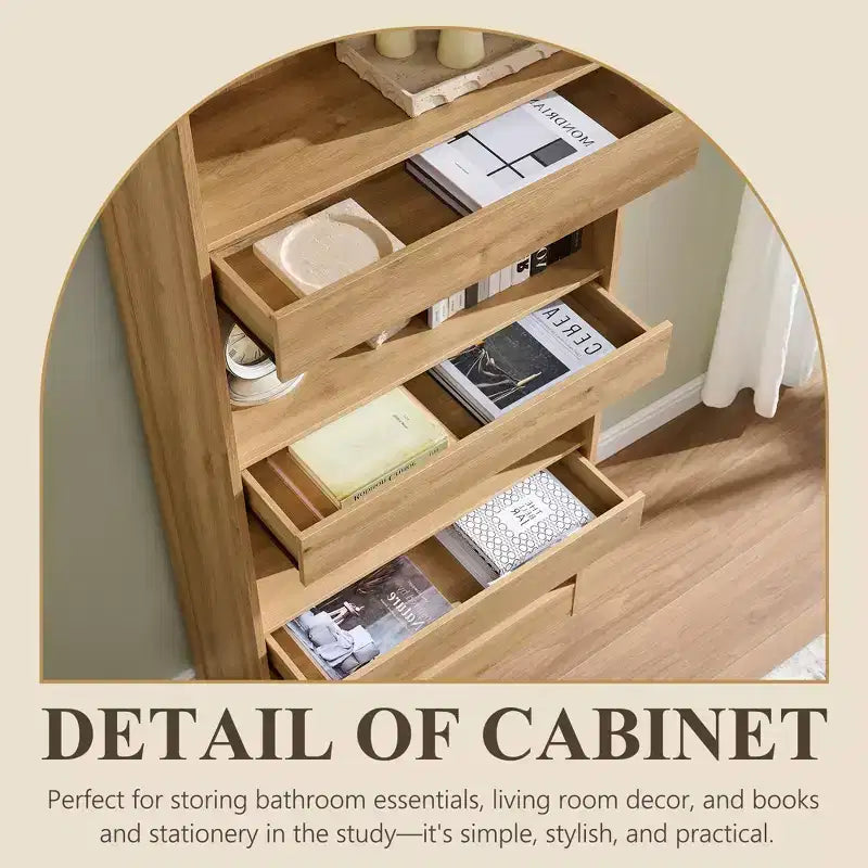 76 Arched Bookcase with Magnetic-Lock Bottom Drawer, Modern 4-Tier Wooden BookShelf with 3 Hidden Drawers for Home Office, Living Room
