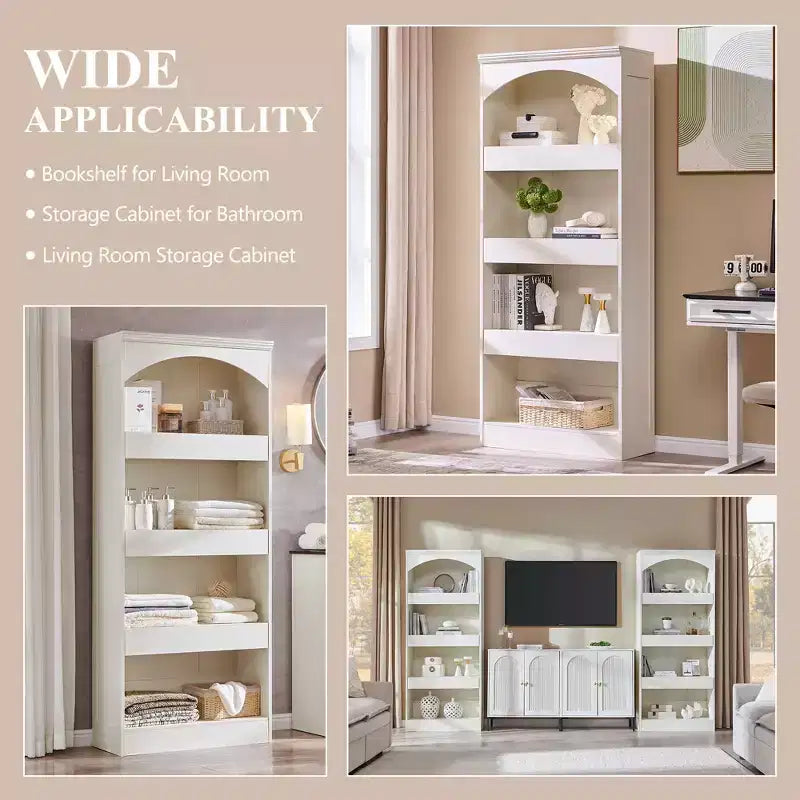 76 Arched Bookcase with Magnetic-Lock Bottom Drawer, Modern 4-Tier Wooden BookShelf with 3 Hidden Drawers for Home Office, Living Room