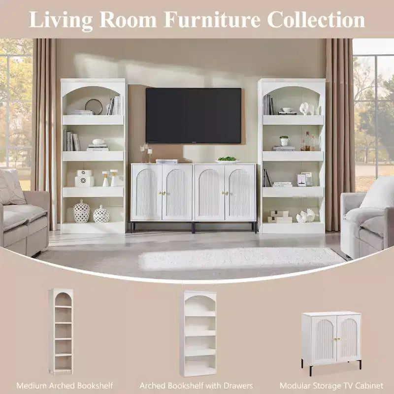 76 Arched Bookcase with Magnetic-Lock Bottom Drawer, Modern 4-Tier Wooden BookShelf with 3 Hidden Drawers for Home Office, Living Room