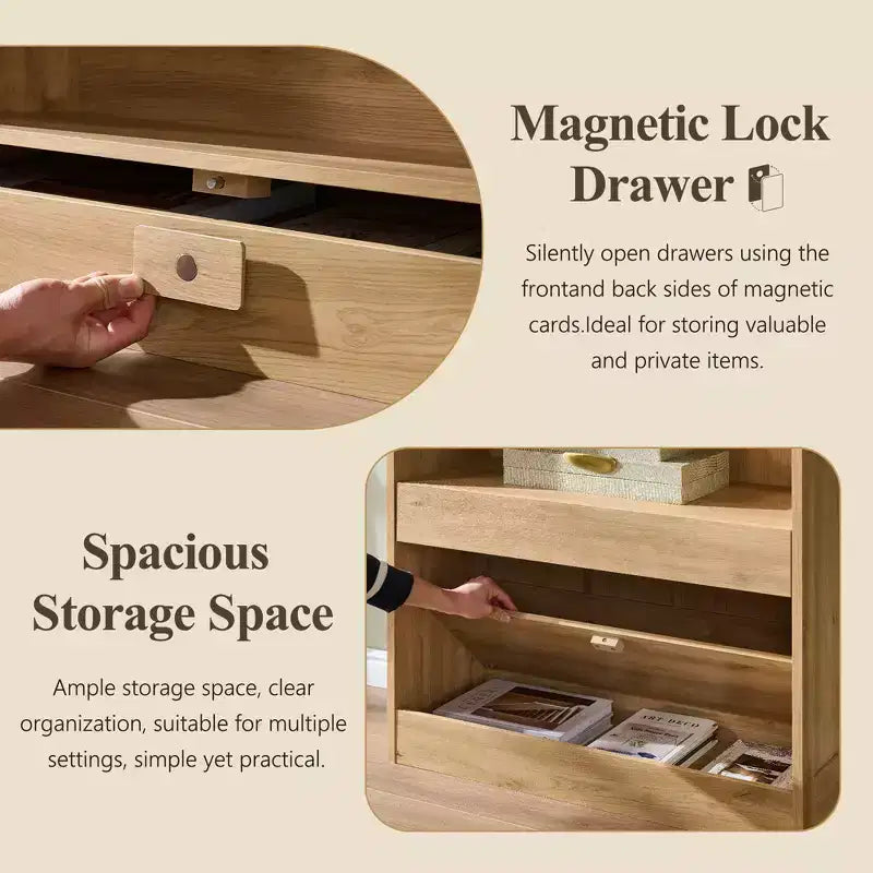 76 Arched Bookcase with Magnetic-Lock Bottom Drawer, Modern 4-Tier Wooden BookShelf with 3 Hidden Drawers for Home Office, Living Room