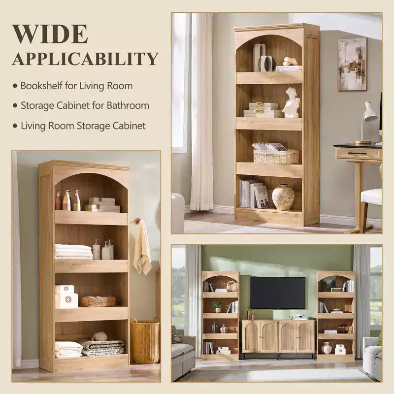 76 Arched Bookcase with Magnetic-Lock Bottom Drawer, Modern 4-Tier Wooden BookShelf with 3 Hidden Drawers for Home Office, Living Room