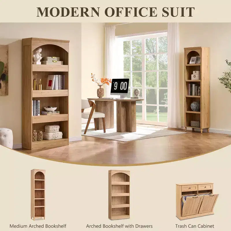 76 Arched Bookcase with Magnetic-Lock Bottom Drawer, Modern 4-Tier Wooden BookShelf with 3 Hidden Drawers for Home Office, Living Room