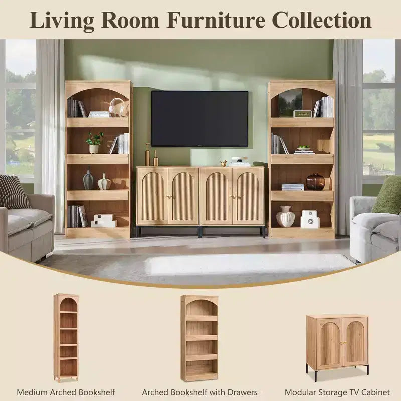76 Arched Bookcase with Magnetic-Lock Bottom Drawer, Modern 4-Tier Wooden BookShelf with 3 Hidden Drawers for Home Office, Living Room