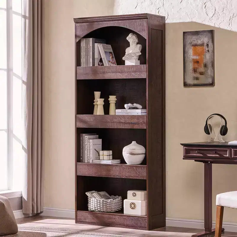 76 Arched Bookcase with Magnetic-Lock Bottom Drawer, Modern 4-Tier Wooden BookShelf with 3 Hidden Drawers for Home Office, Living Room